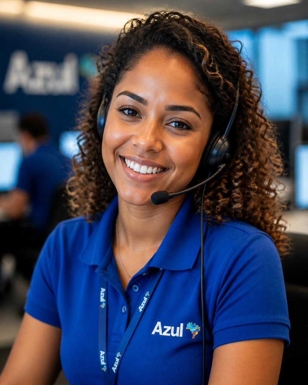 Atendente TrenaOS sorrindo com headset, vestindo camisa azul