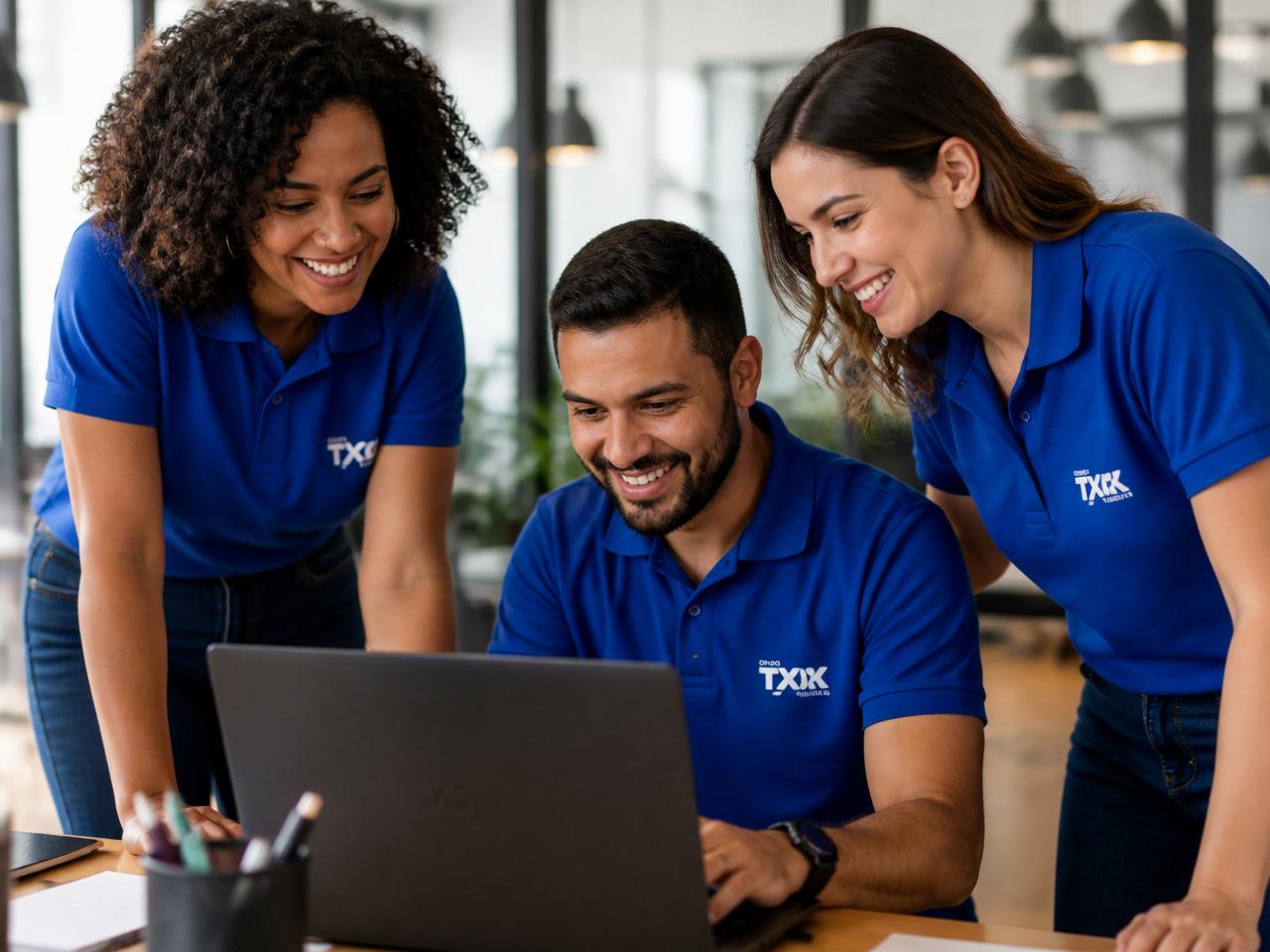 Equipe TrenaOS sorrindo, vestindo camisa azul, colaborando em laptop